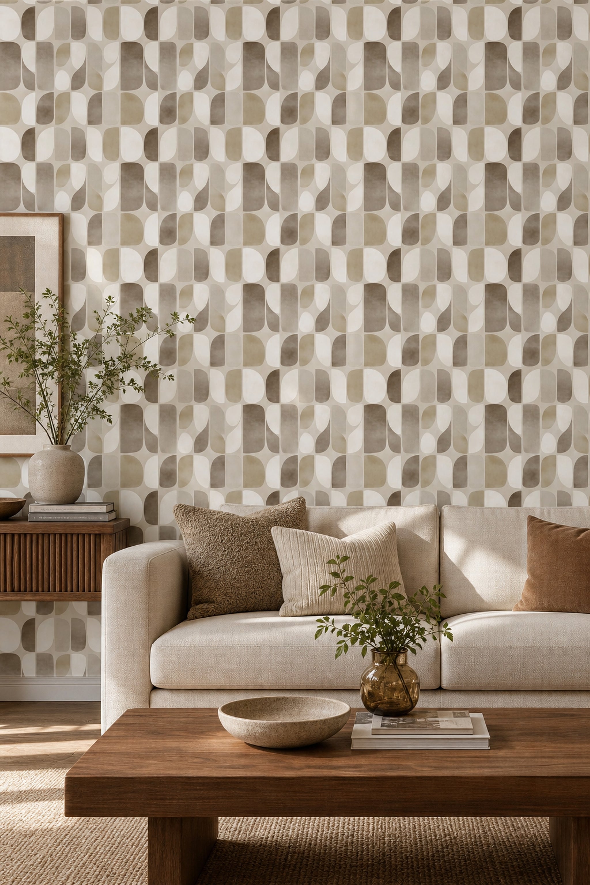Geometrik Retro Duvar Kağıdı Bej Kahve Desenli Salon