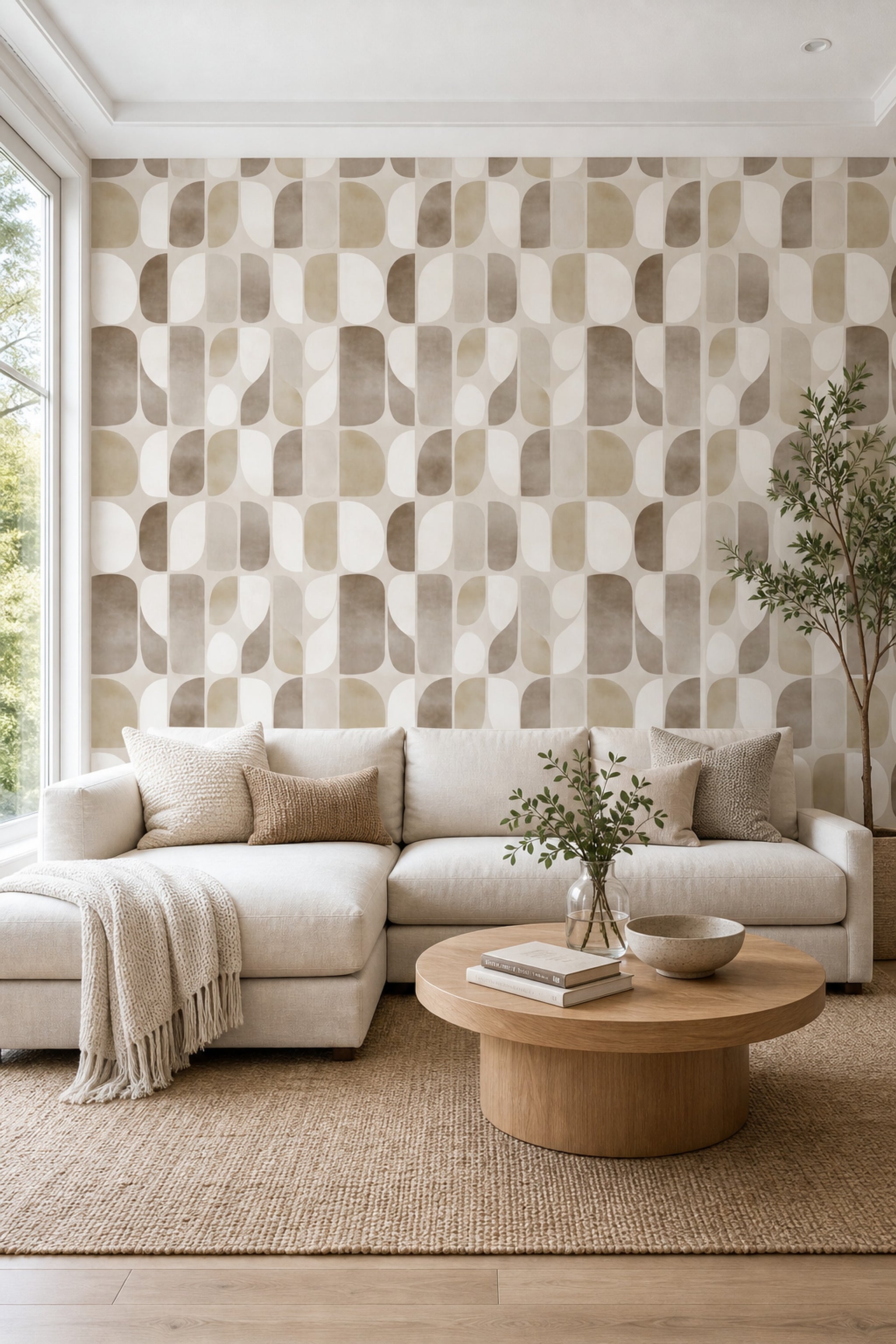 Geometrik Retro Duvar Kağıdı Bej Kahve Desenli Salon