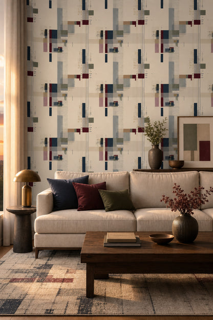 Geometrik Soyut Duvar Kağıdı Bej Lacivert Modern Salon