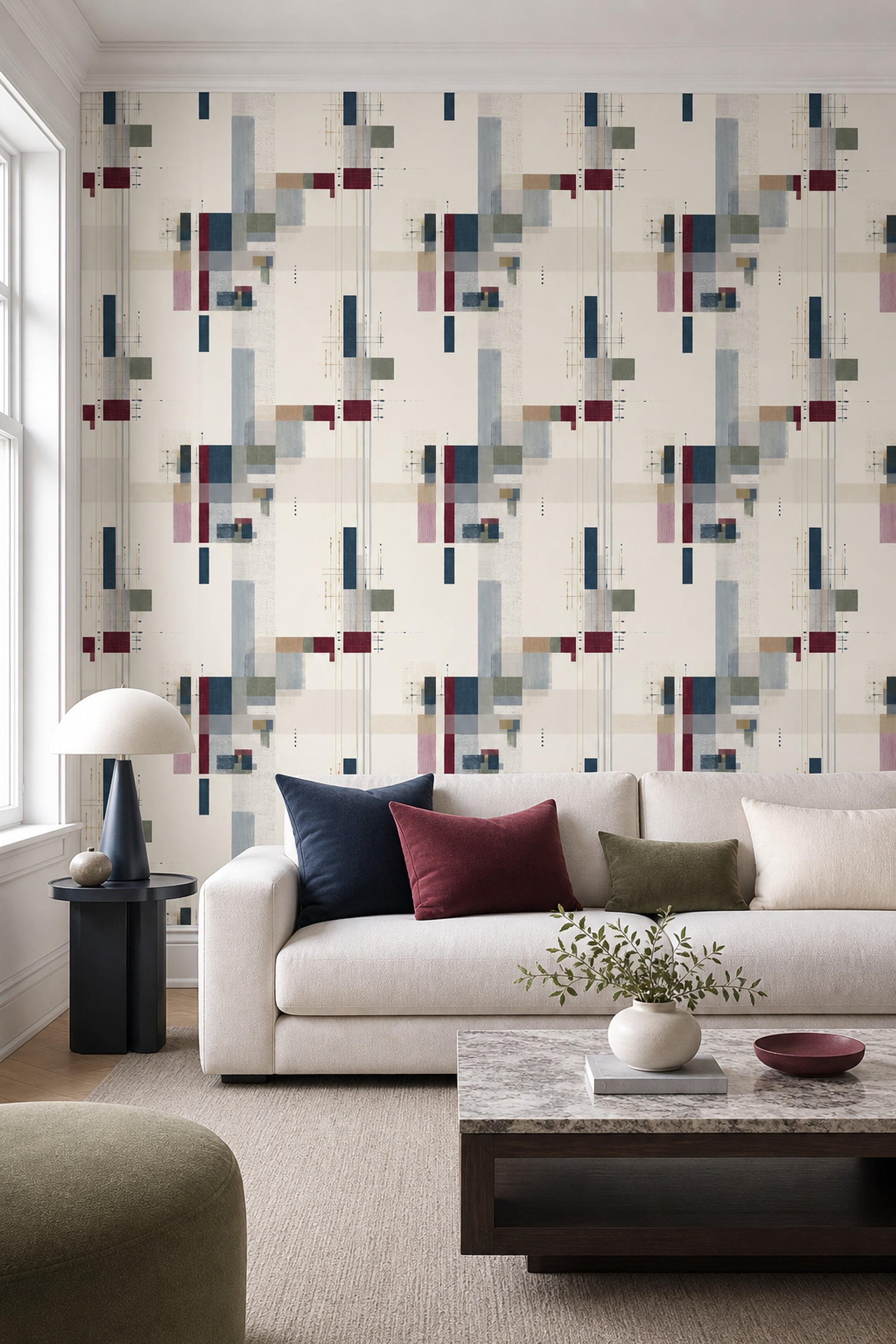 Geometrik Soyut Duvar Kağıdı Bej Lacivert Modern Salon