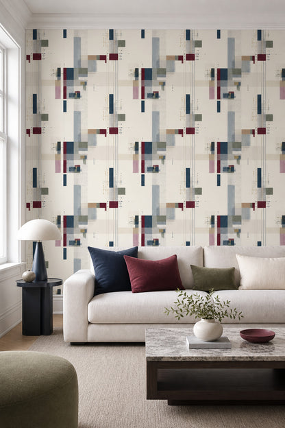 Geometrik Soyut Duvar Kağıdı Bej Lacivert Modern Salon