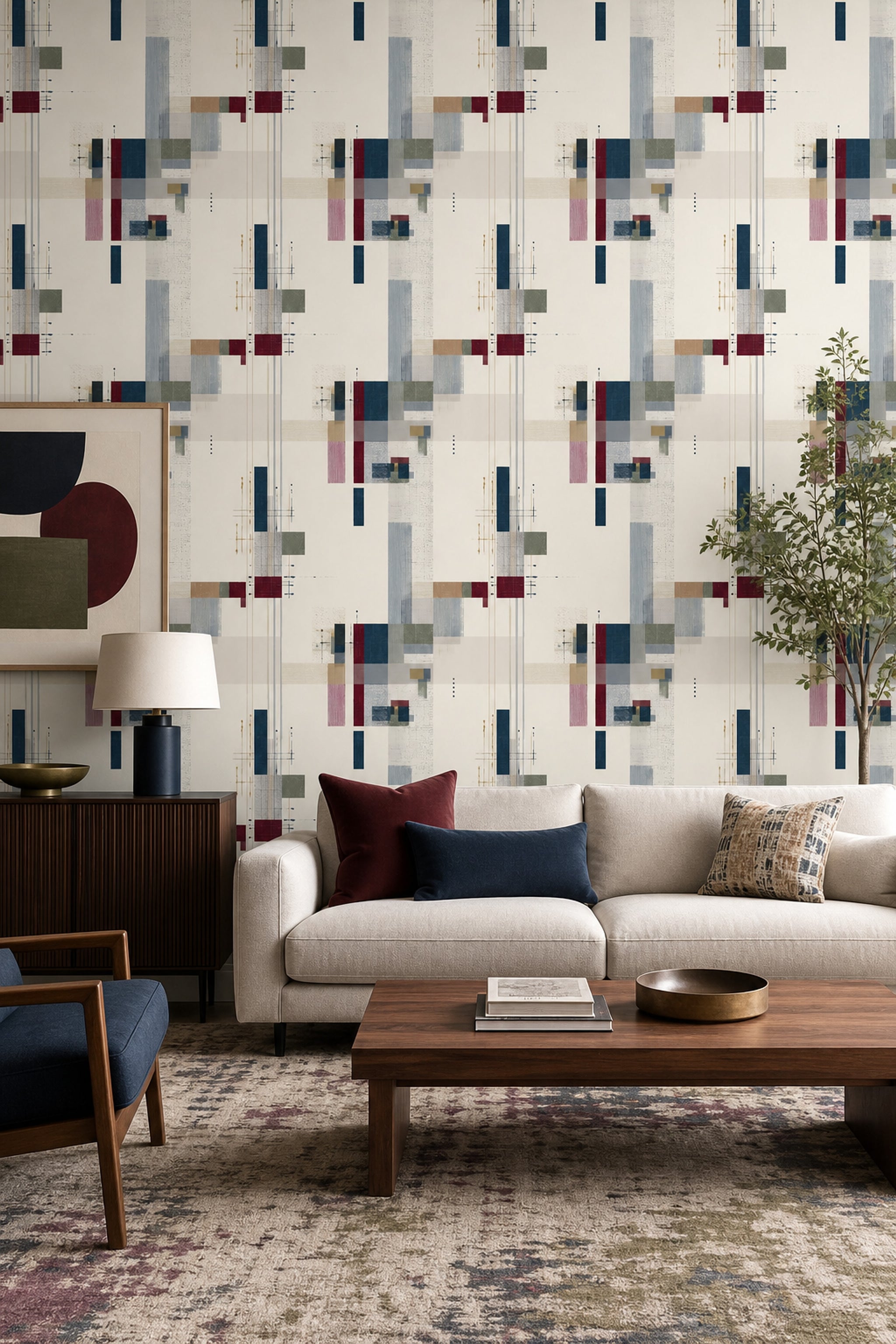 Geometrik Soyut Duvar Kağıdı Bej Lacivert Modern Salon