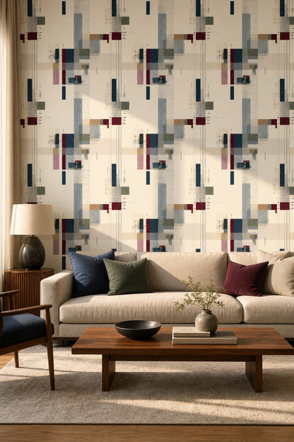 Geometrik Soyut Duvar Kağıdı Bej Lacivert Modern Salon