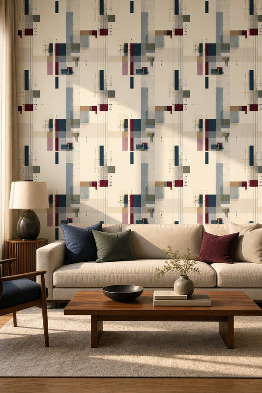 Geometrik Soyut Duvar Kağıdı Bej Lacivert Modern Salon