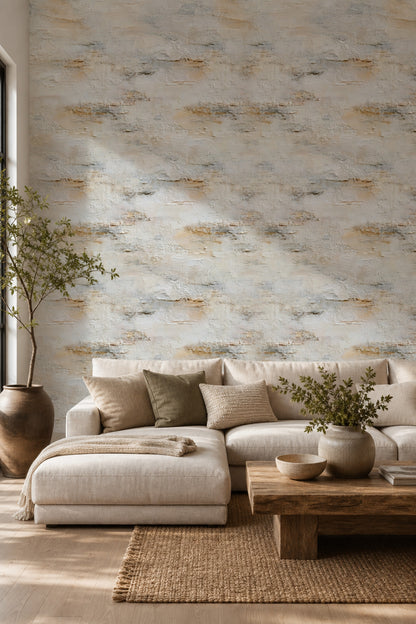 Beton Görünümlü Duvar Kağıdı Bej Gri Modern Salon