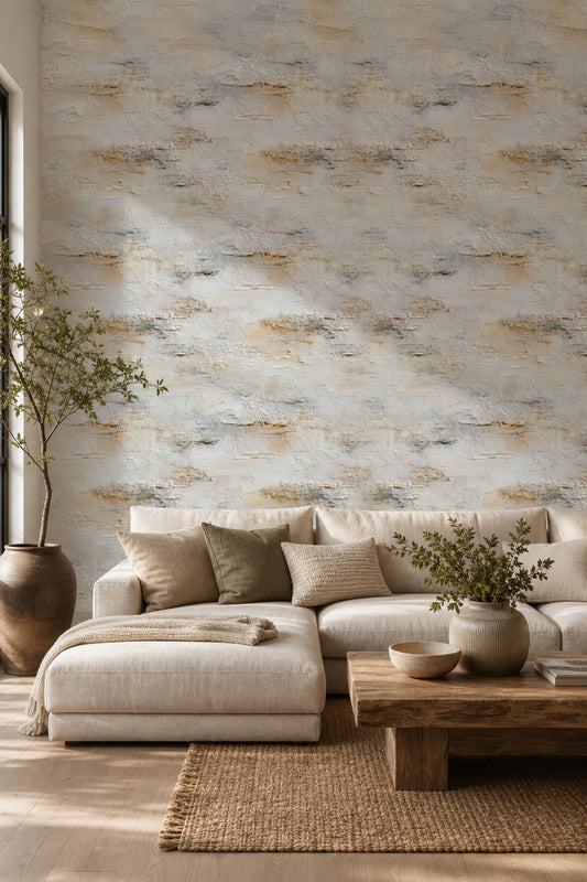 Beton Görünümlü Duvar Kağıdı Bej Gri Modern Salon