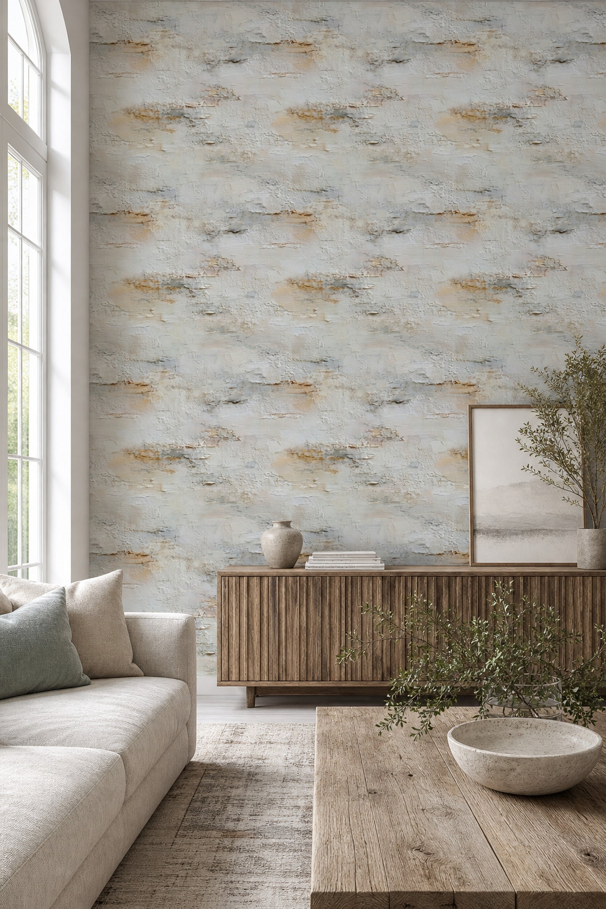 Beton Görünümlü Duvar Kağıdı Bej Gri Modern Salon