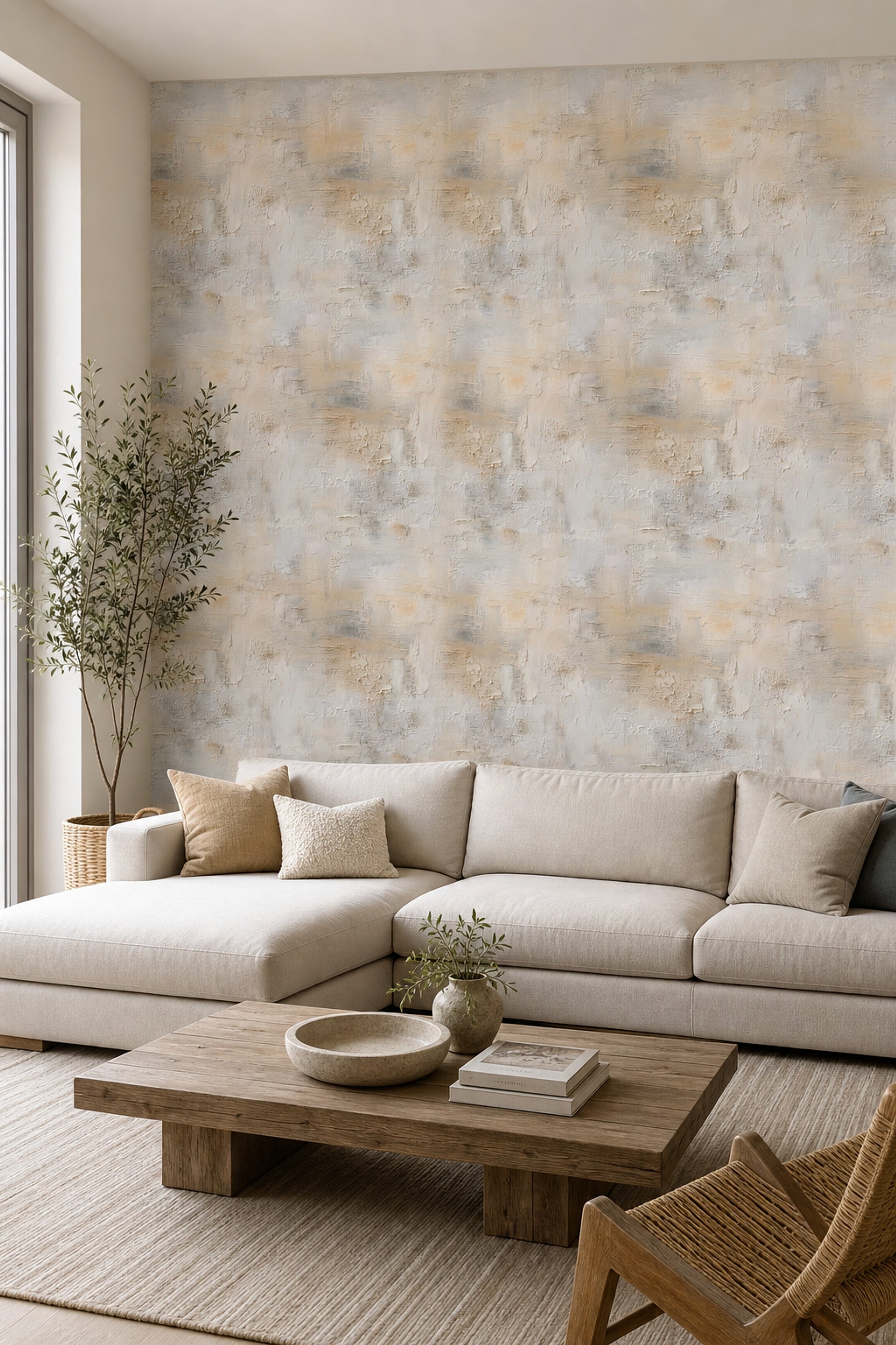 Beton Görünümlü Duvar Kağıdı Bej Gri Modern Salon