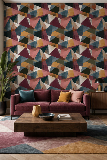 Renkli Geometrik Desenli Duvar Kağıdı Modern Salon Dekoru