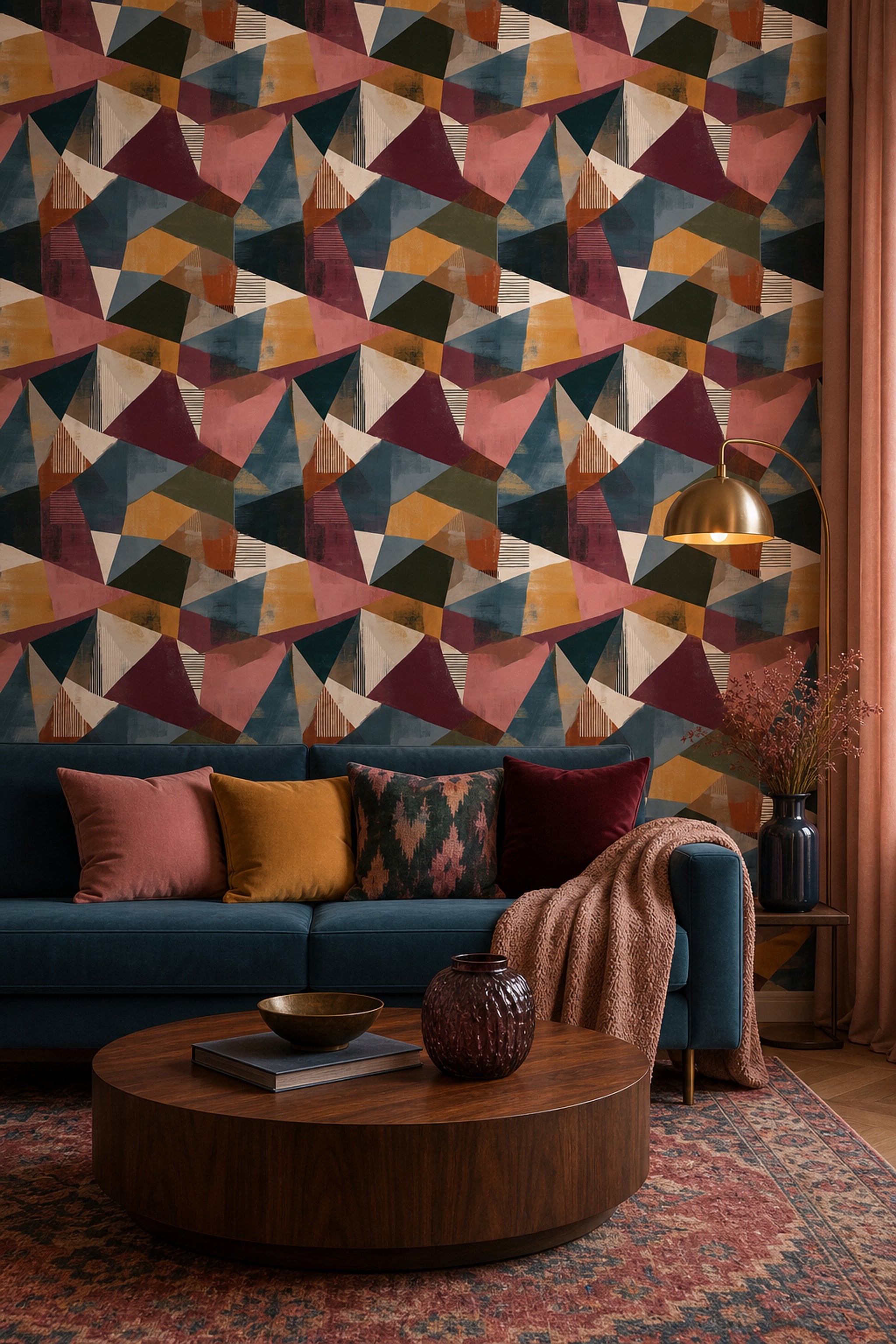 Renkli Geometrik Desenli Duvar Kağıdı Modern Salon Dekoru