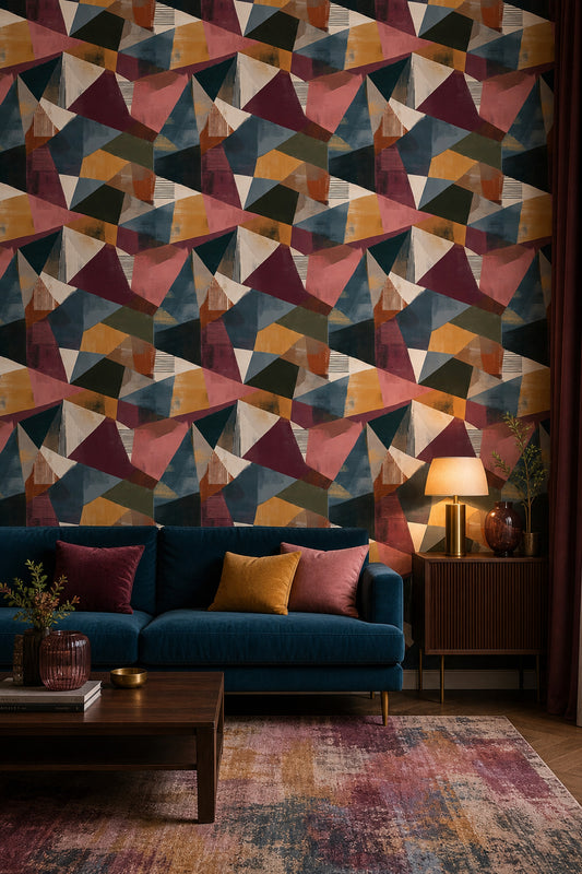 Renkli Geometrik Desenli Duvar Kağıdı Modern Salon Dekoru