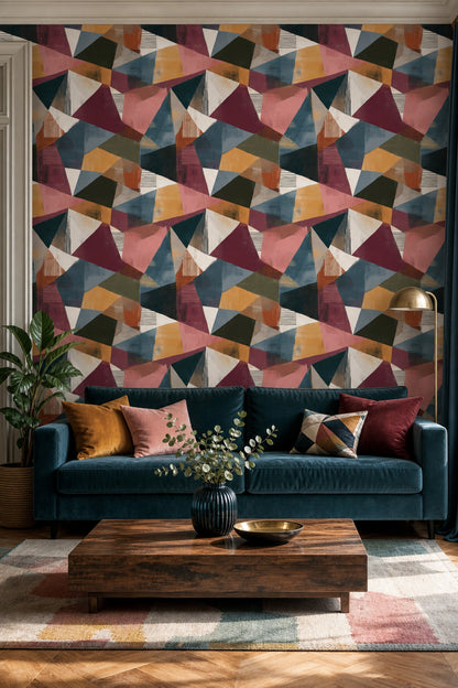 Renkli Geometrik Desenli Duvar Kağıdı Modern Salon Dekoru