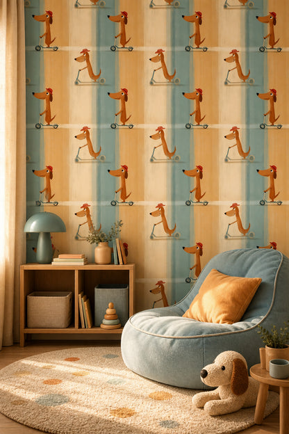 Scooterli Köpek Desenli Duvar Kağıdı Mavi Çocuk Odası