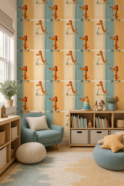 Scooterli Köpek Desenli Duvar Kağıdı Mavi Çocuk Odası