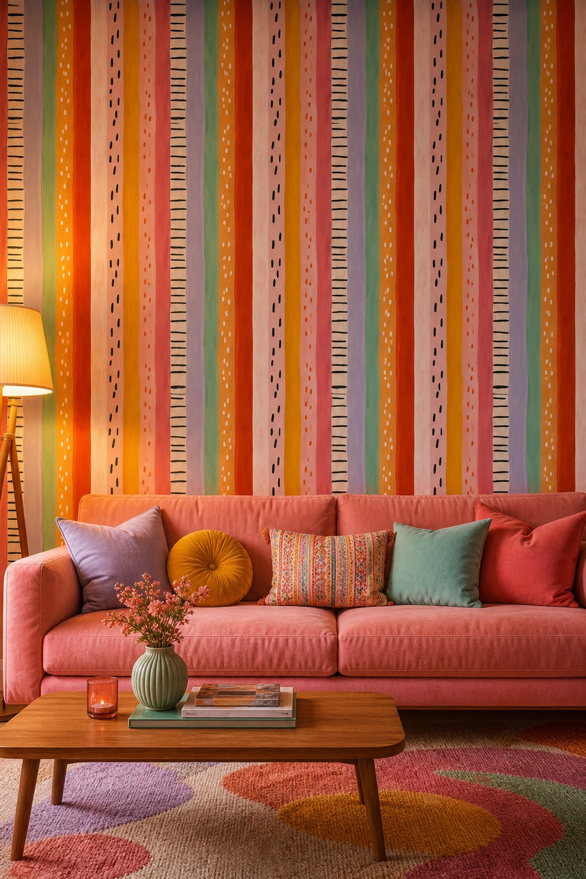 Renkli Dikey Çizgili Duvar Kağıdı Modern Salon Desenli