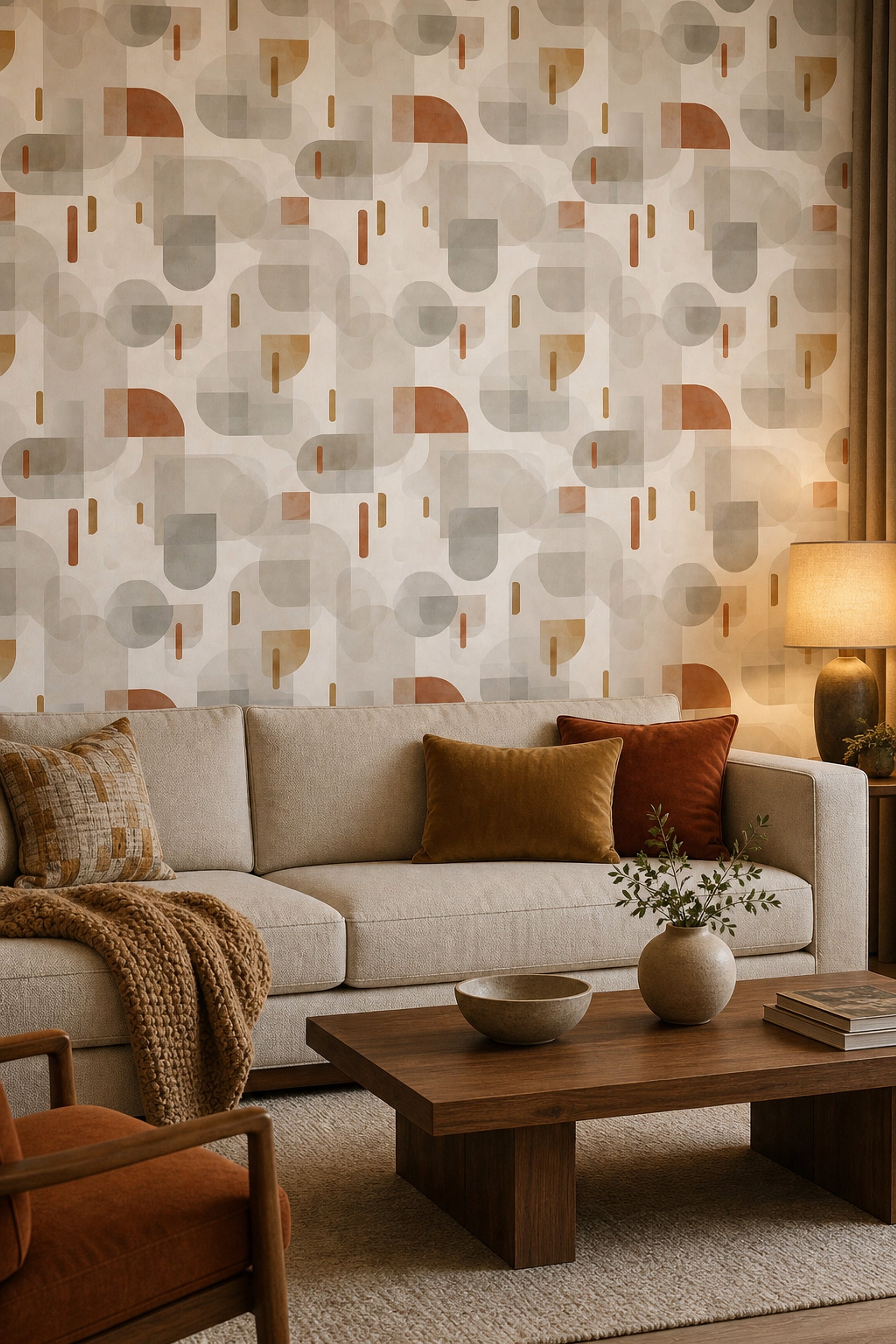 Geometrik Retro Duvar Kağıdı Bej Kiremit Desenli Salon