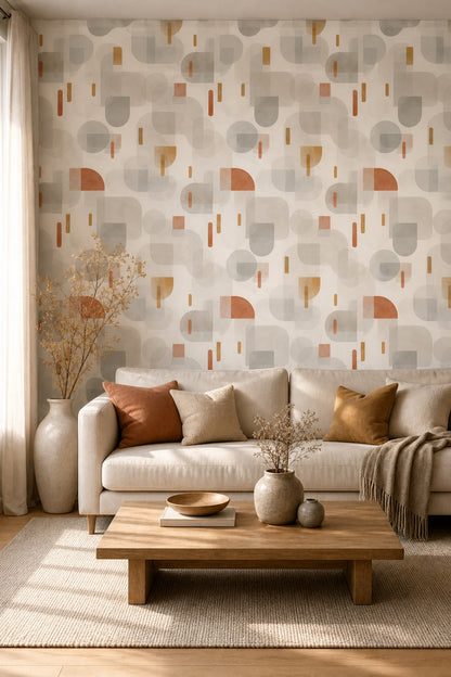 Geometrik Retro Duvar Kağıdı Bej Kiremit Desenli Salon
