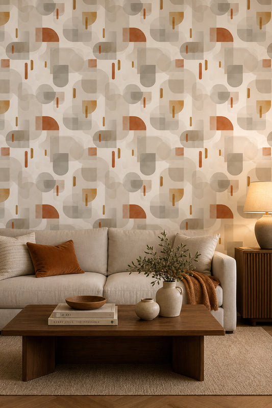 Geometrik Retro Duvar Kağıdı Bej Kiremit Desenli Salon