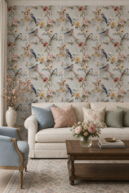 Çiçekli Kuş Desenli Duvar Kağıdı Bej Vintage Salon