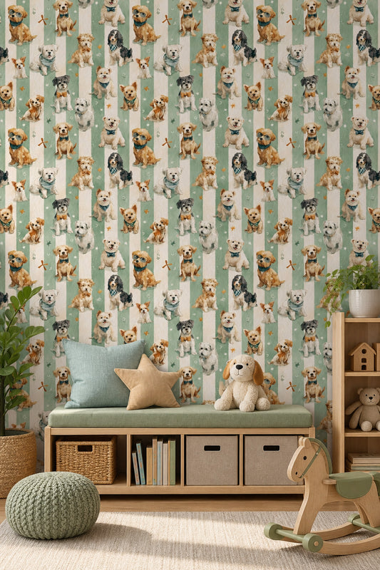 Sevimli Köpek Desenli Duvar Kağıdı Yeşil Çizgili Çocuk Odası