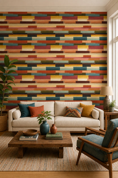 Renkli Geometrik Duvar Kağıdı Yatay Şeritli Salon Tasarımı