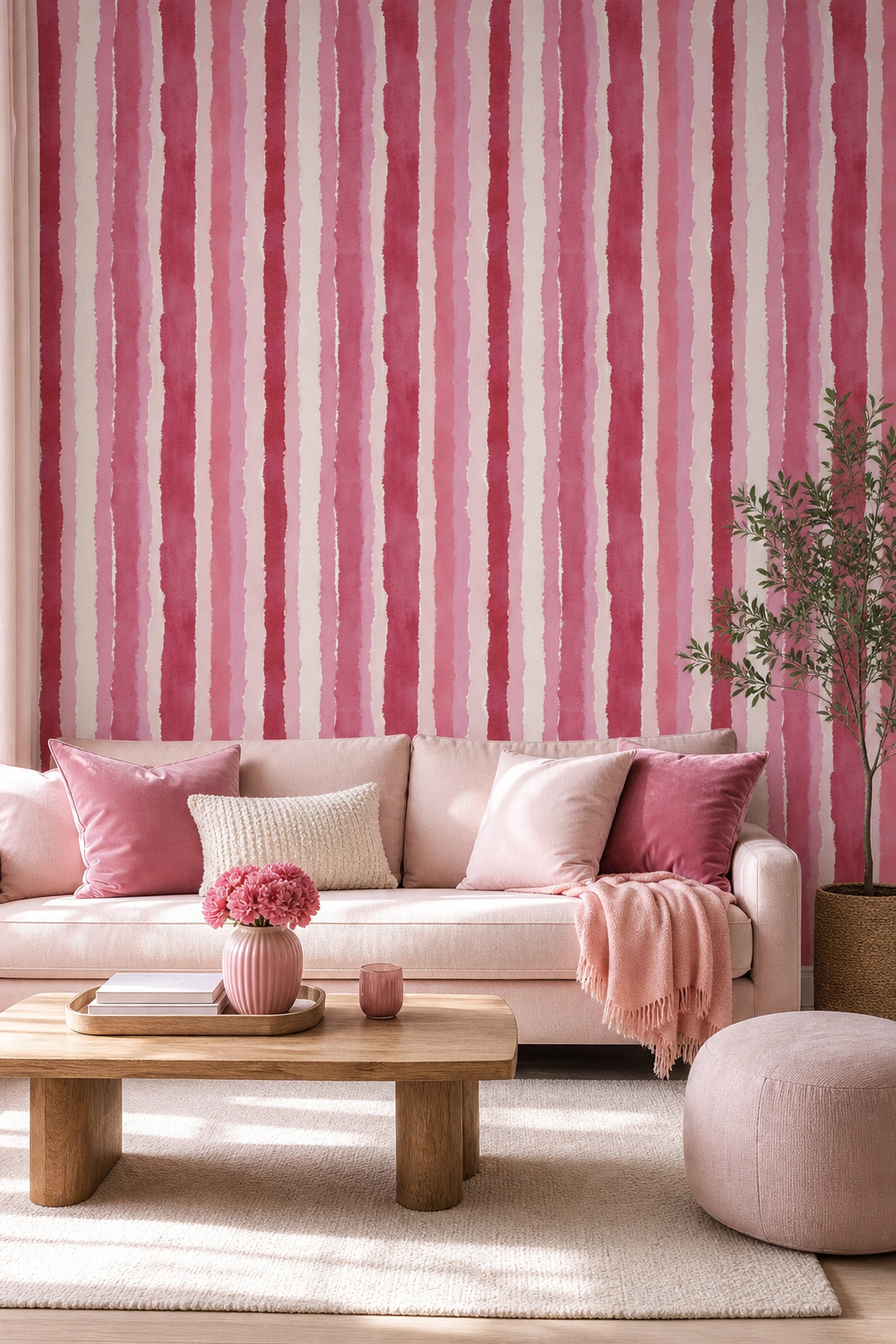 Suluboya Çizgili Duvar Kağıdı Pembe Modern Salon Deseni