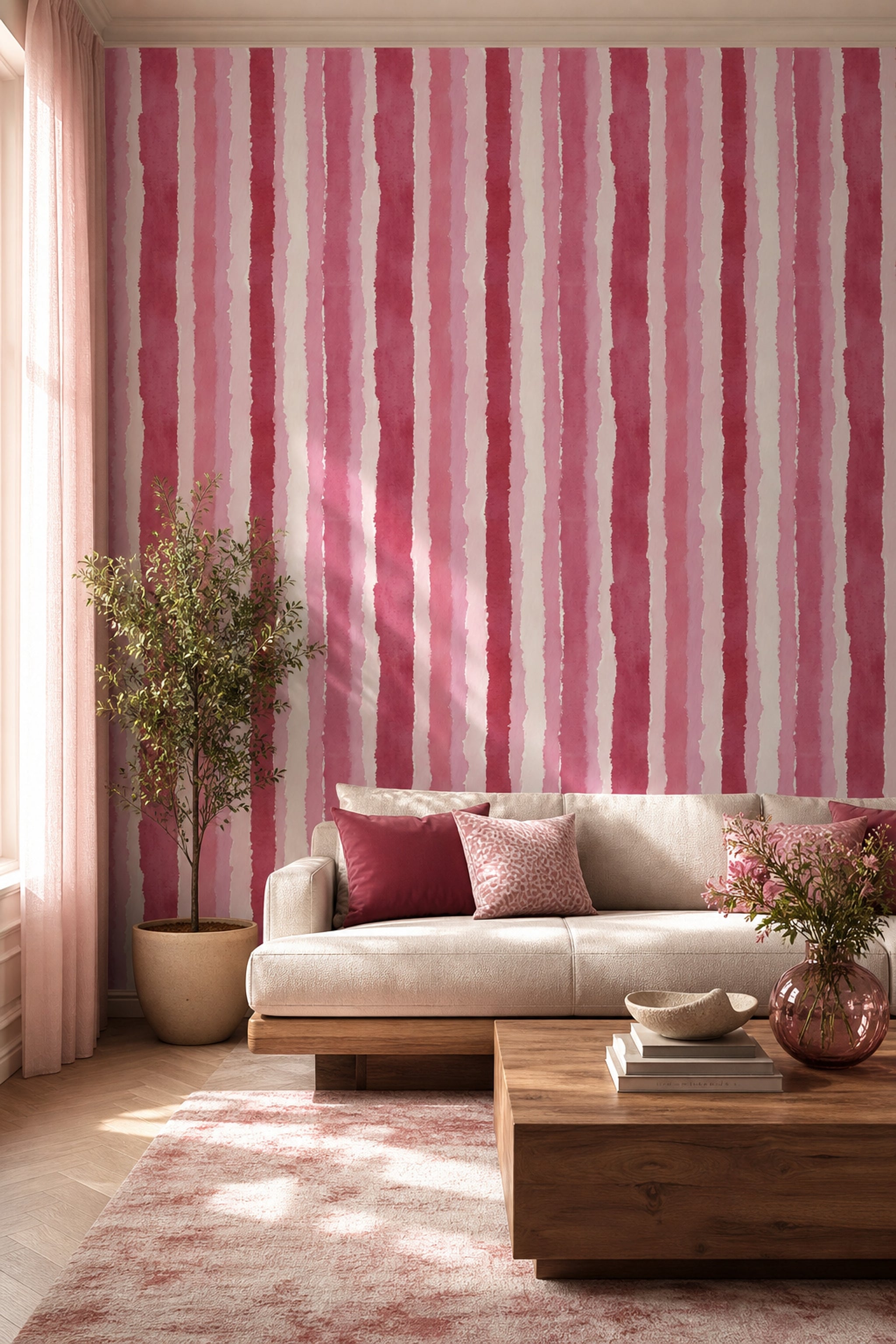 Suluboya Çizgili Duvar Kağıdı Pembe Modern Salon Deseni
