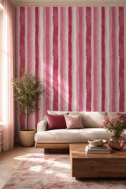 Suluboya Çizgili Duvar Kağıdı Pembe Modern Salon Deseni