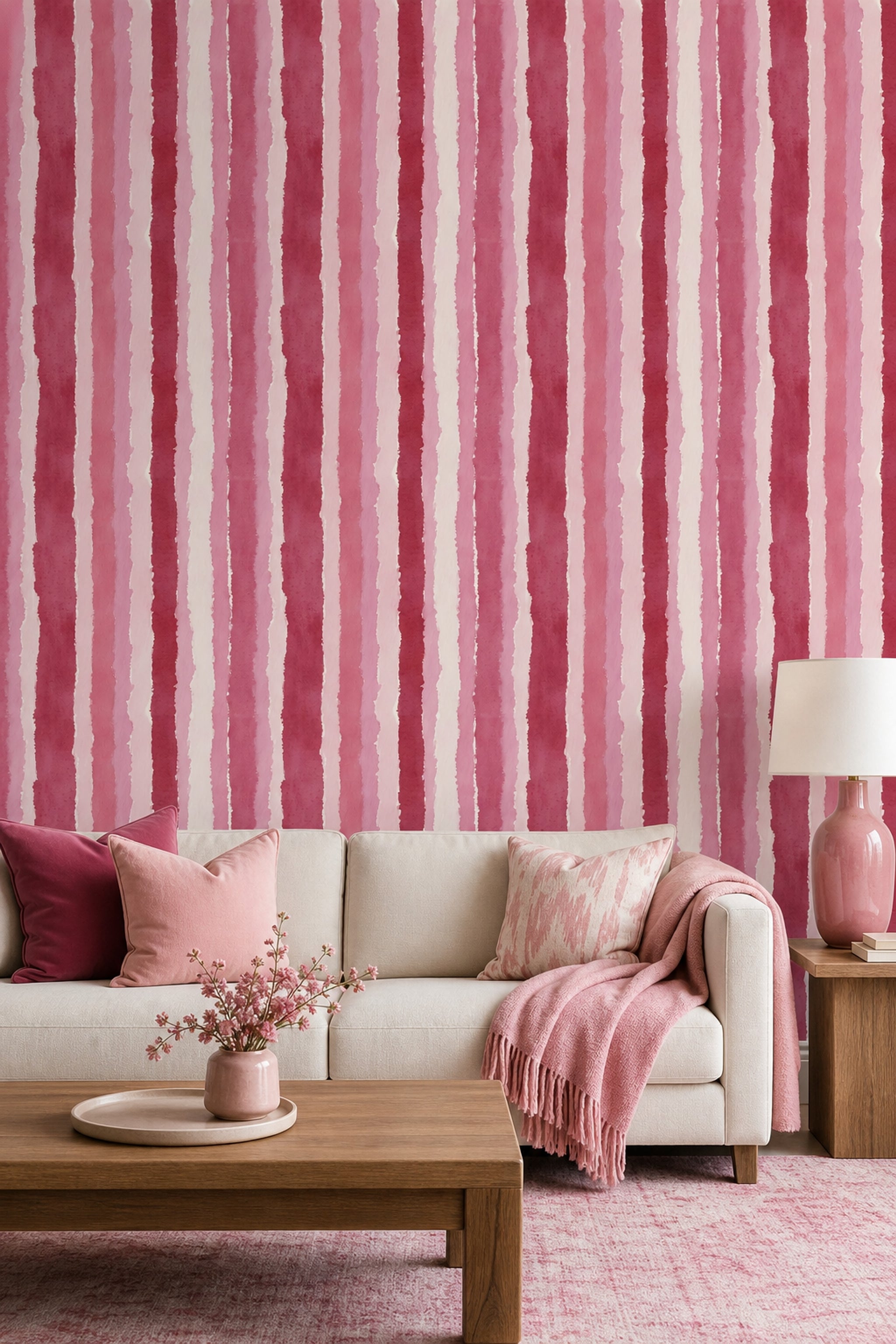 Suluboya Çizgili Duvar Kağıdı Pembe Modern Salon Deseni