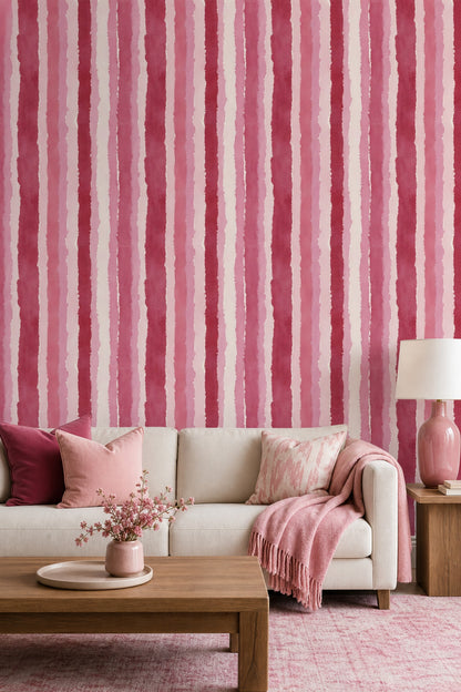 Suluboya Çizgili Duvar Kağıdı Pembe Modern Salon Deseni