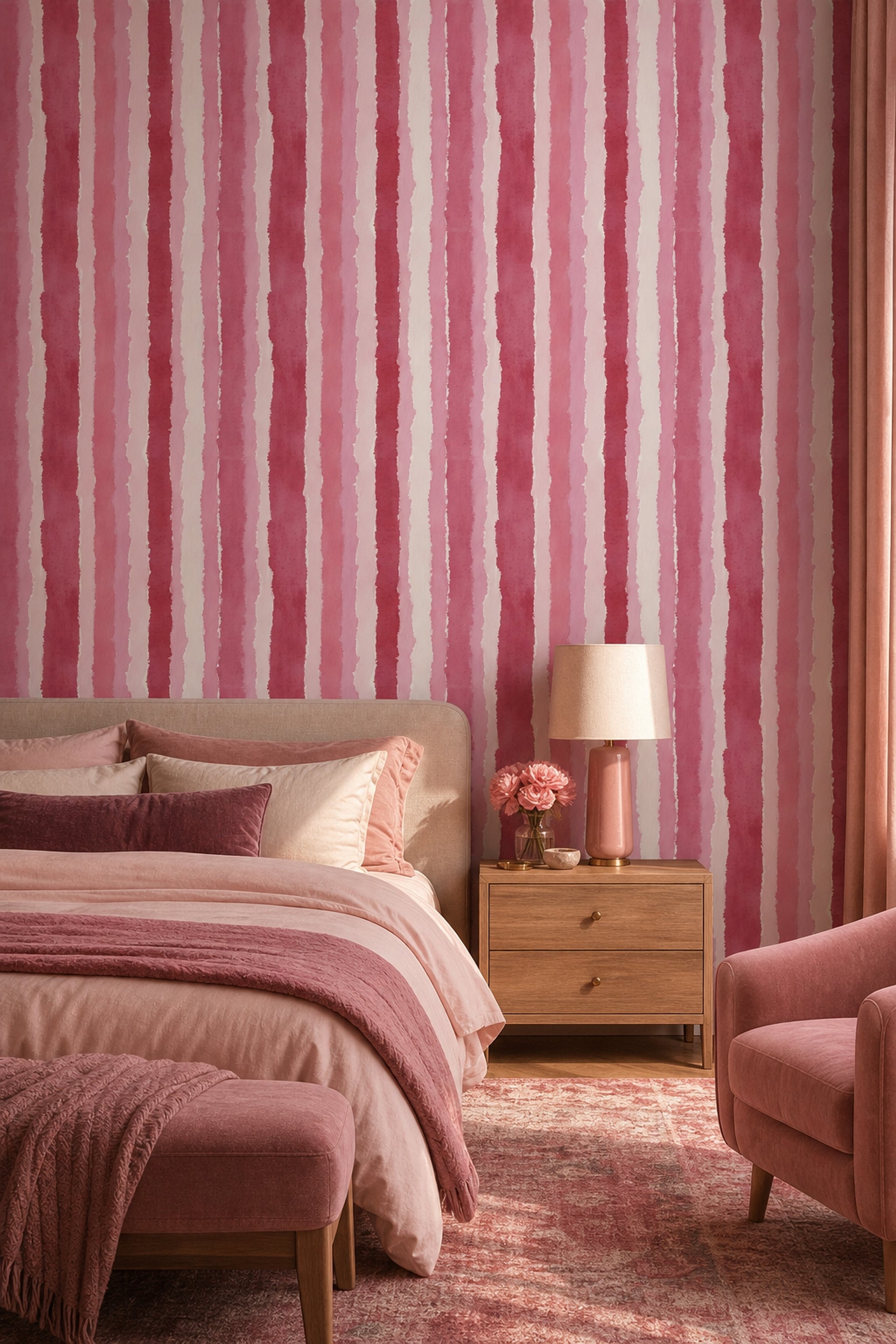 Suluboya Çizgili Duvar Kağıdı Pembe Modern Salon Deseni