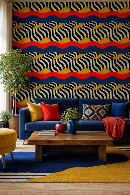 Renkli Dalgalı Geometrik Duvar Kağıdı Modern Salon Dekoru