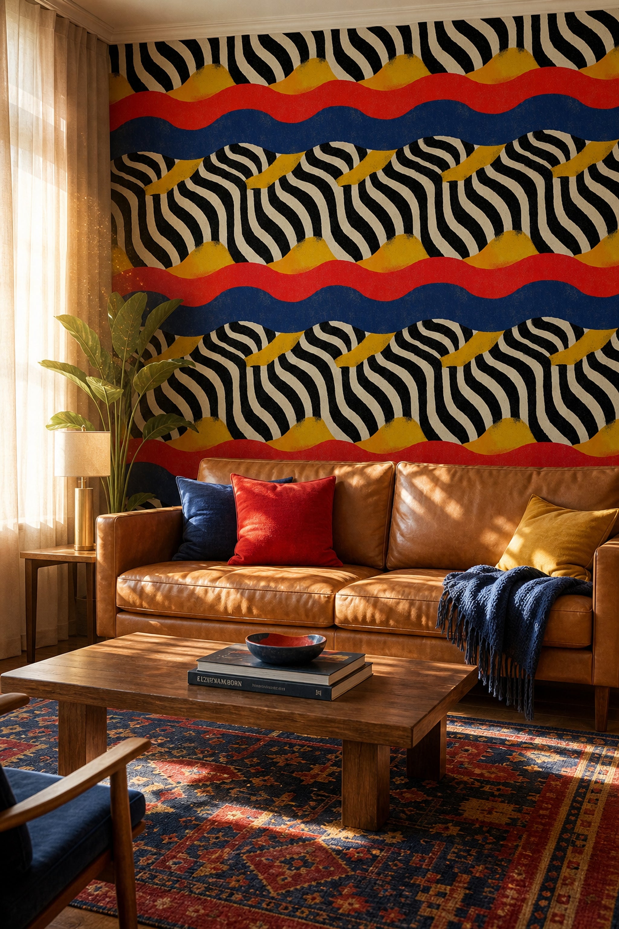 Renkli Dalgalı Geometrik Duvar Kağıdı Modern Salon Dekoru