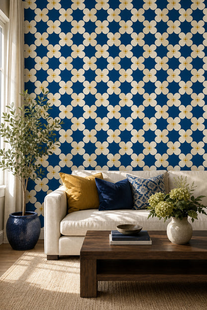 Mavi Zeminli Çiçek Desenli Duvar Kağıdı Salon Dekoru