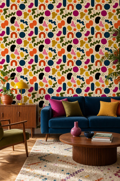 Renkli Soyut Şekilli Duvar Kağıdı Modern Salon Deseni