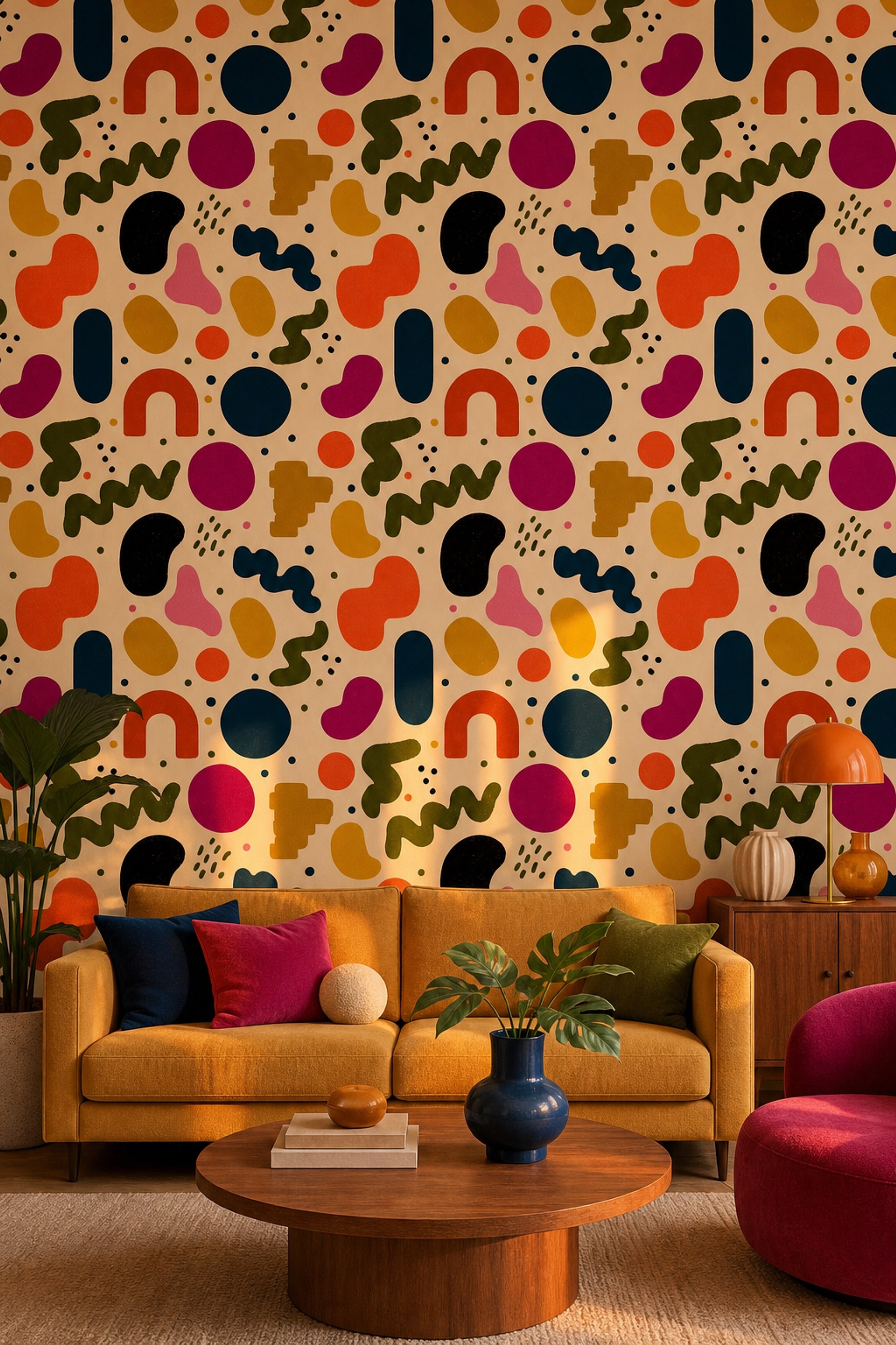 Renkli Soyut Şekilli Duvar Kağıdı Modern Salon Deseni