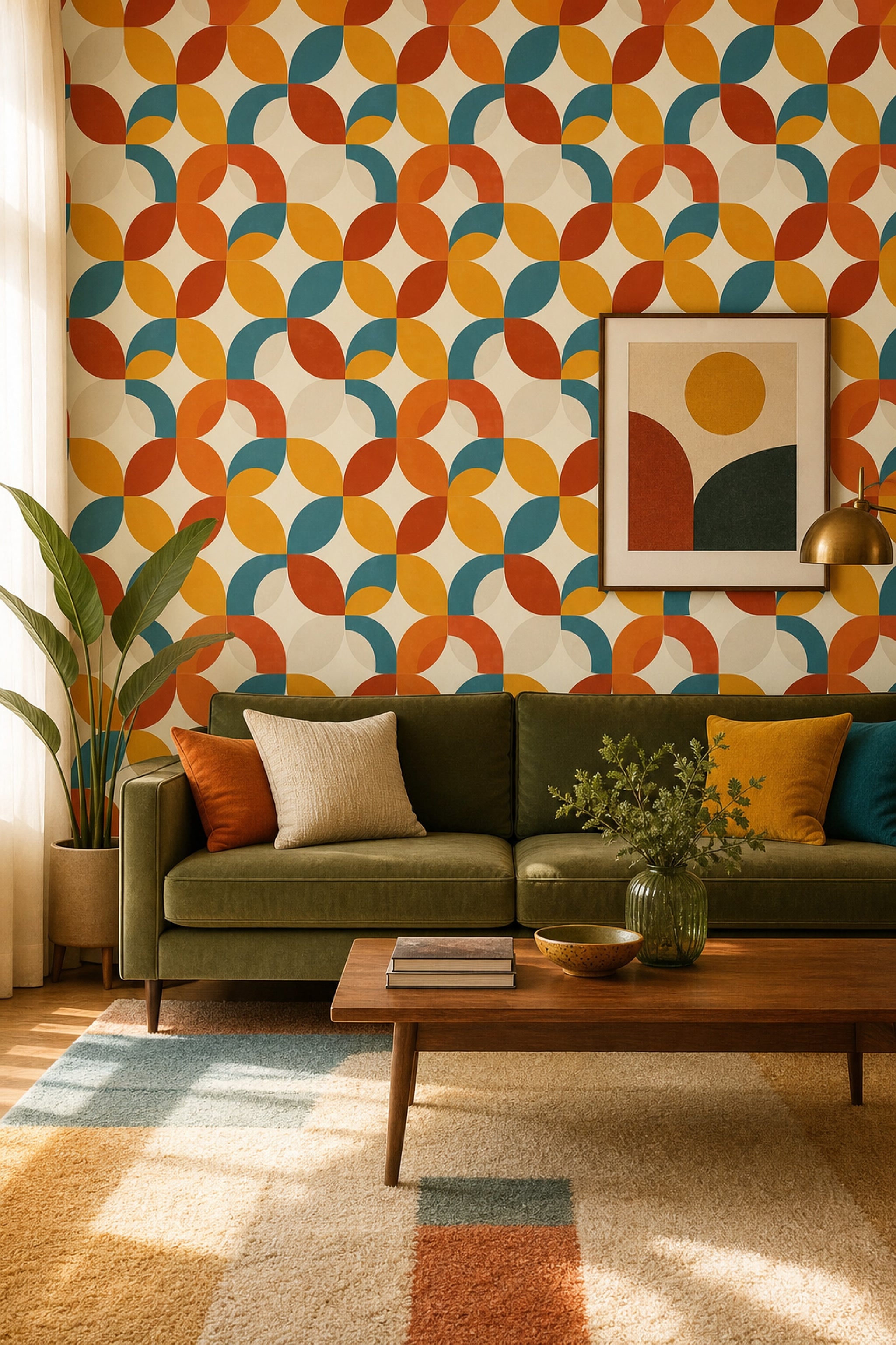 Retro Geometrik Duvar Kağıdı Turuncu Sarı Desenli Salon