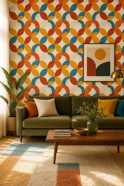 Retro Geometrik Duvar Kağıdı Turuncu Sarı Desenli Salon