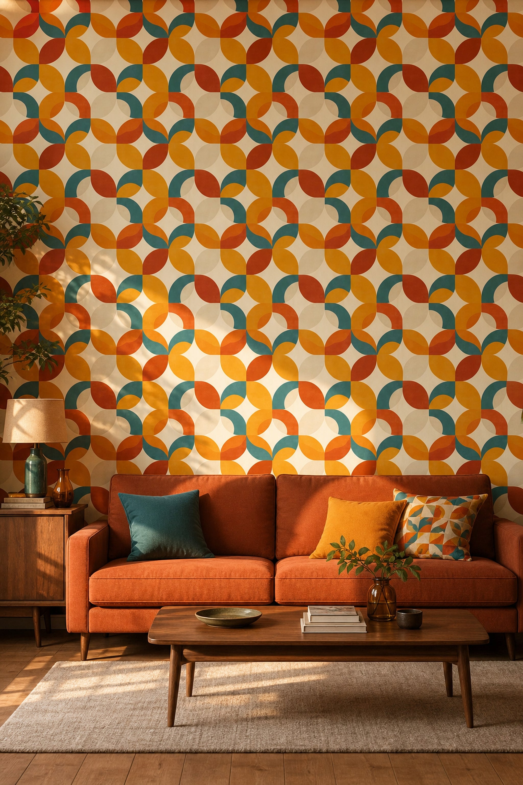 Retro Geometrik Duvar Kağıdı Turuncu Sarı Desenli Salon