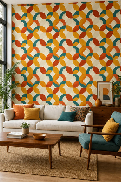 Retro Geometrik Duvar Kağıdı Turuncu Sarı Desenli Salon