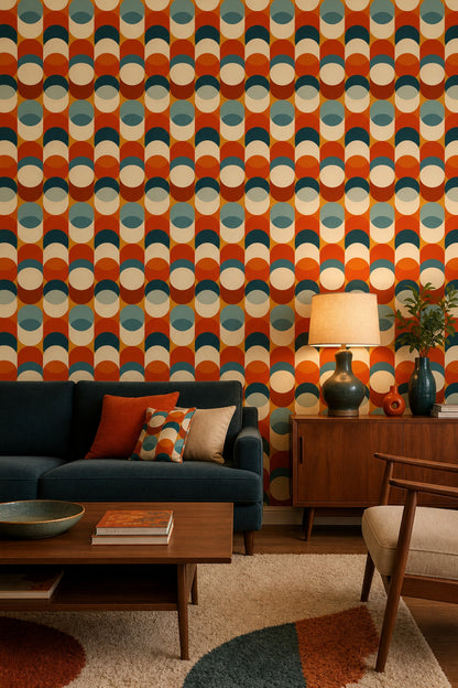 Retro Geometrik Desenli Duvar Kağıdı Turuncu Lacivert Salon