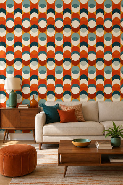 Retro Geometrik Desenli Duvar Kağıdı Turuncu Lacivert Salon