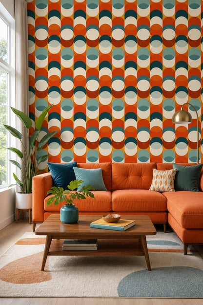 Retro Geometrik Desenli Duvar Kağıdı Turuncu Lacivert Salon