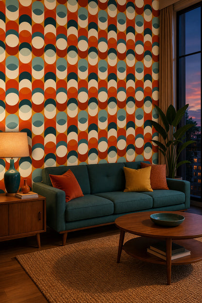 Retro Geometrik Desenli Duvar Kağıdı Turuncu Lacivert Salon