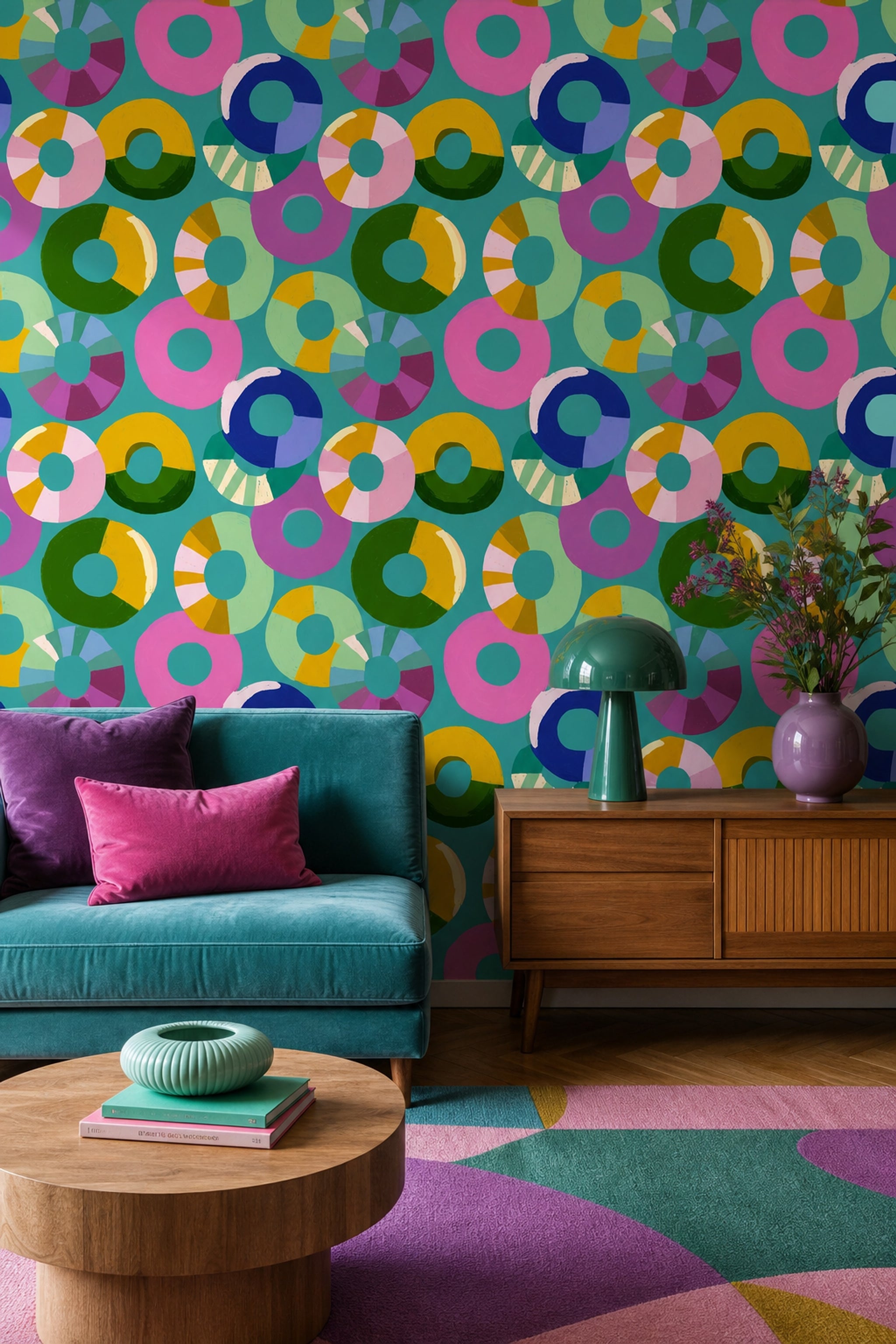 Renkli Daire Desenli Duvar Kağıdı Modern Salon Dekoru