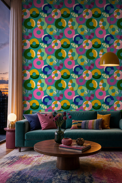 Renkli Daire Desenli Duvar Kağıdı Modern Salon Dekoru