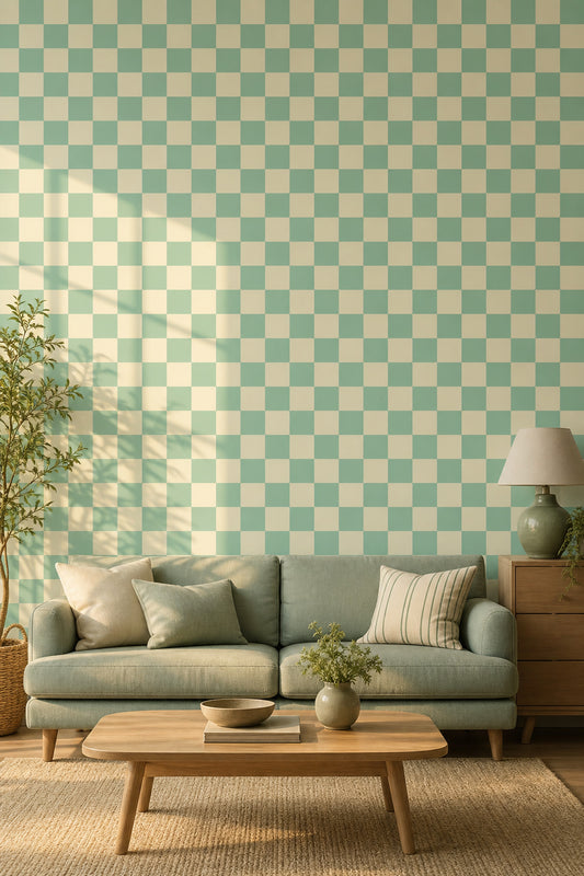 Mint Yeşil Kareli Duvar Kağıdı Modern Salon Deseni