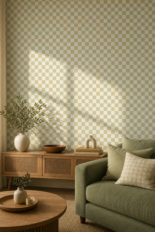 Yeşil Damalı Duvar Kağıdı Modern Kareli Salon Dekoru