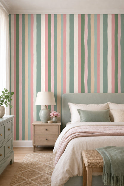 Pastel Dikey Çizgili Duvar Kağıdı Yeşil Pembe Salon