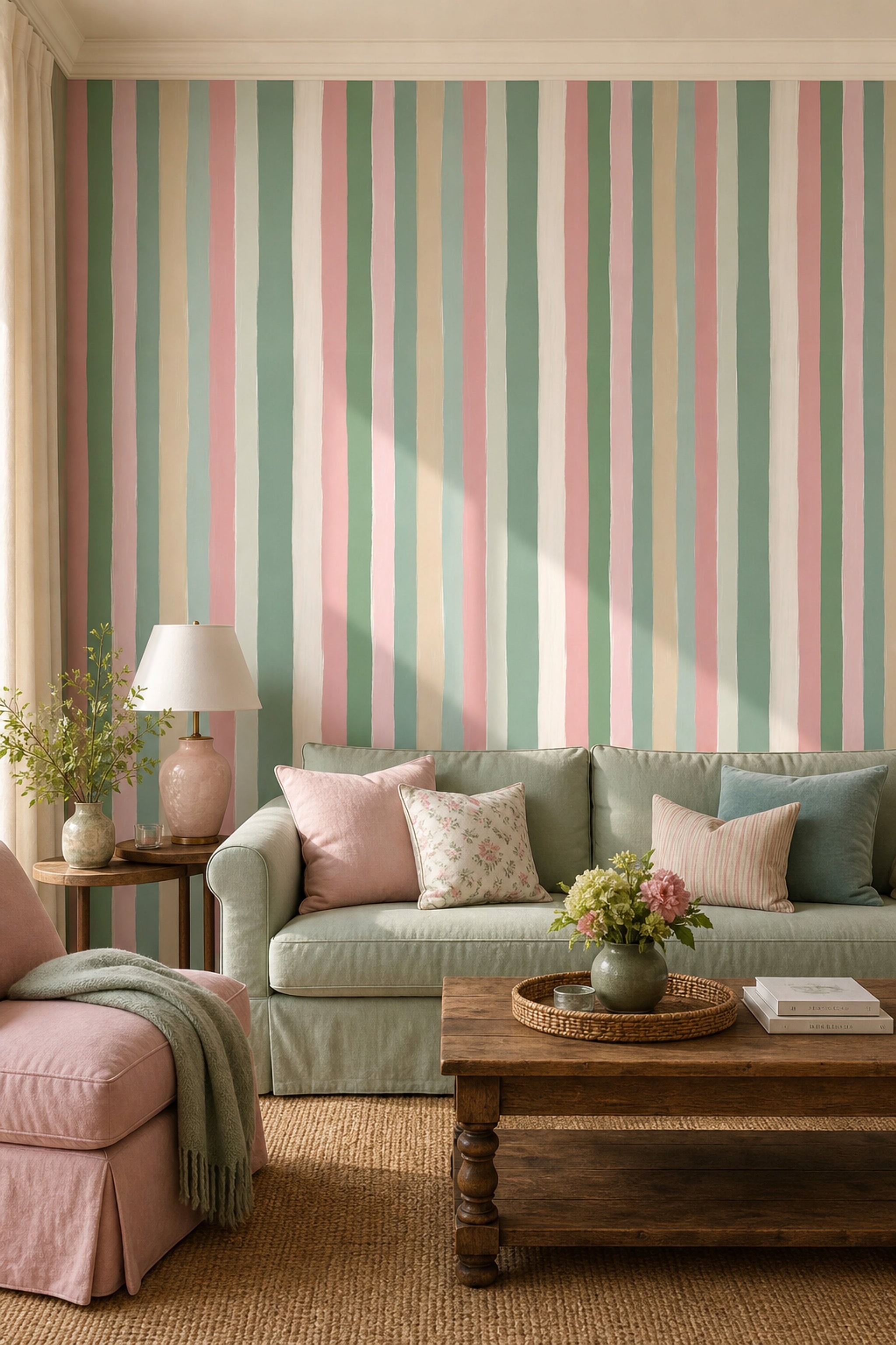 Pastel Dikey Çizgili Duvar Kağıdı Yeşil Pembe Salon